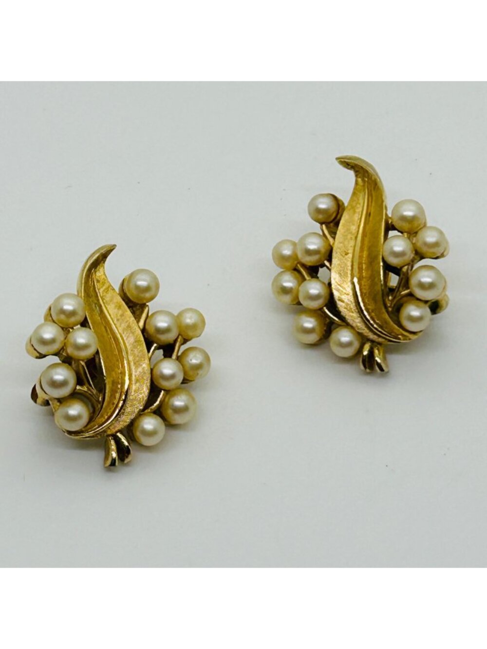 Crown Trifari Earrings Faux Pearl Berry Leaf Gold Tone Clip Bridal Vintage